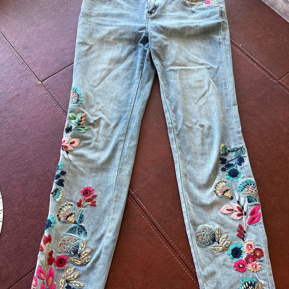 Sundance Blue and Pink Skinny Jeans with Floral Embroidery